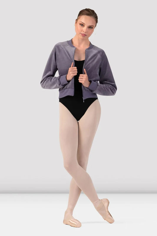 Bloch Adults Amanda Velvet Bomber Jacket, Dusty Lavender J13001